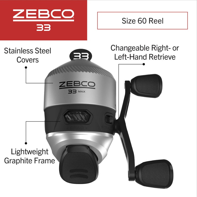 Zebco 33 MAX Spincast Fishing Reel, Size 60 Reel, Right or Left-Hand Retrieve, 20-Pound Zebco Cajun Line, Graphite Frame, Silver/Black - Image 2